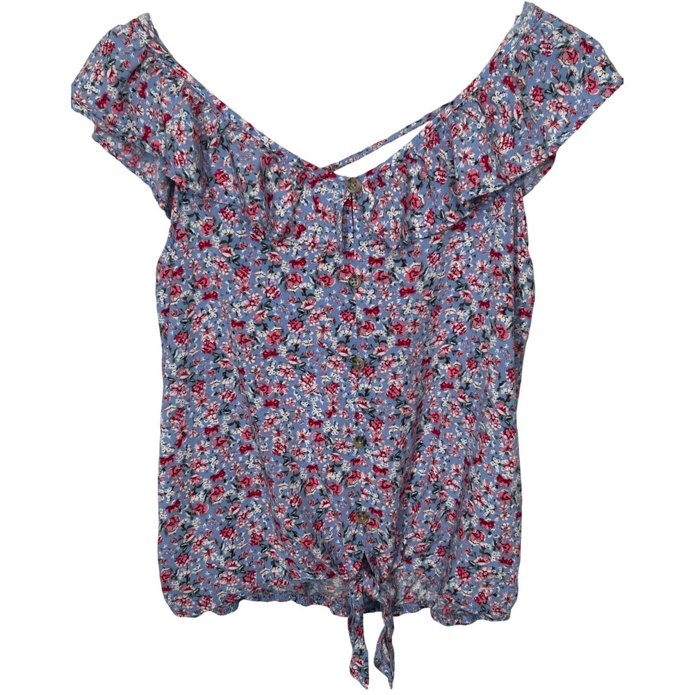 No Boundaries Blue Floral Print Sleeveless Blouse Tie Front Juniors Size M 7-9